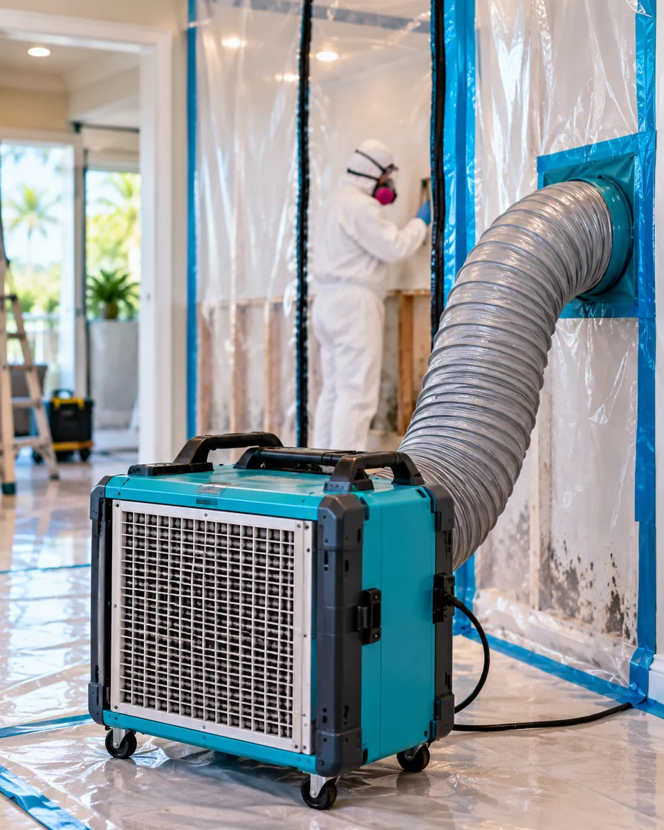 HEPA air scrubber and poly containment set up for mold remediation in Lantana